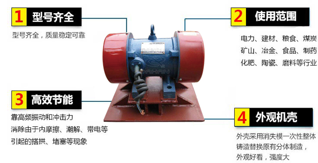 lzf倉壁振動器：1，型號齊全：型號齊全，質(zhì)量穩(wěn)定可靠。2，適用范圍：電力，建材，糧食，煤炭，礦山，冶金，食品，制藥，化肥，陶瓷，磨料等行業(yè)。3，高效：靠高頻振動和沖擊力消除由于內(nèi)摩擦，潮解，帶電等引起的塔供，堵塞等現(xiàn)象。4，外觀機殼：外殼采用消失模一次性整體鑄造替換原有分體制造，外觀好看，強度大。