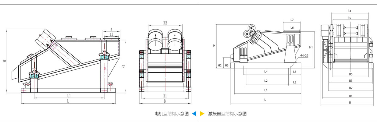 礦用振動篩電機振動式和激振器振動式的內部結構尺寸圖。